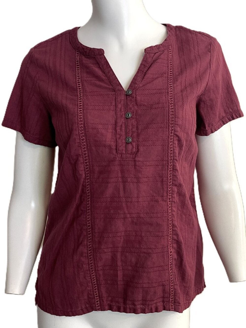 KUHL Liana Shirt Women Small 100% Organic Cotton Short Sleeve Ladder Lace Henley